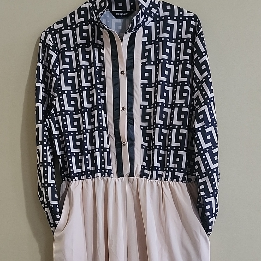 Chic Black and White Geometric Jumpsuit,Size XL,Creamish&Black